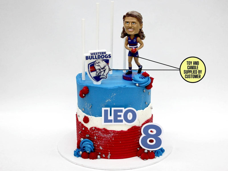 Image of a custom-made AFL character cake, meticulously designed with team colours and logo, perfect for celebrating any Aussie Rules fan's birthday. (8872641462431)