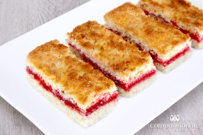 Raspberry Coconut Slice – 15 per tray - The Compassionate Kitchen (7561027354783)